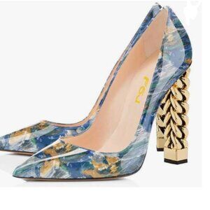 FSJ Blue Gold Metal Chain Chunky High Heel Pointed Toe Slip On Fashion Pumps
